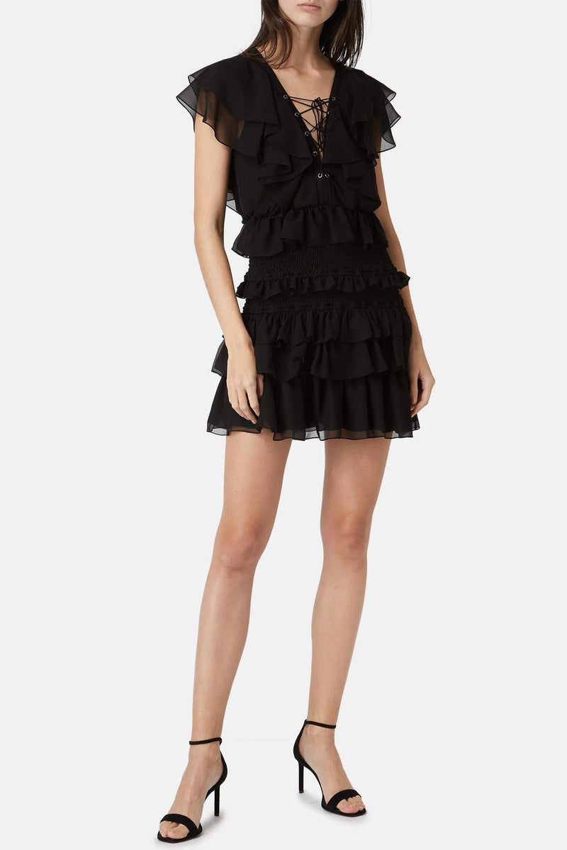 Robe volantée en soie noire Saint Laurent