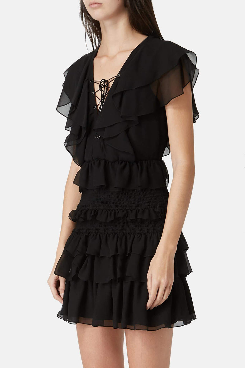 Robe volantée en soie noire Saint Laurent