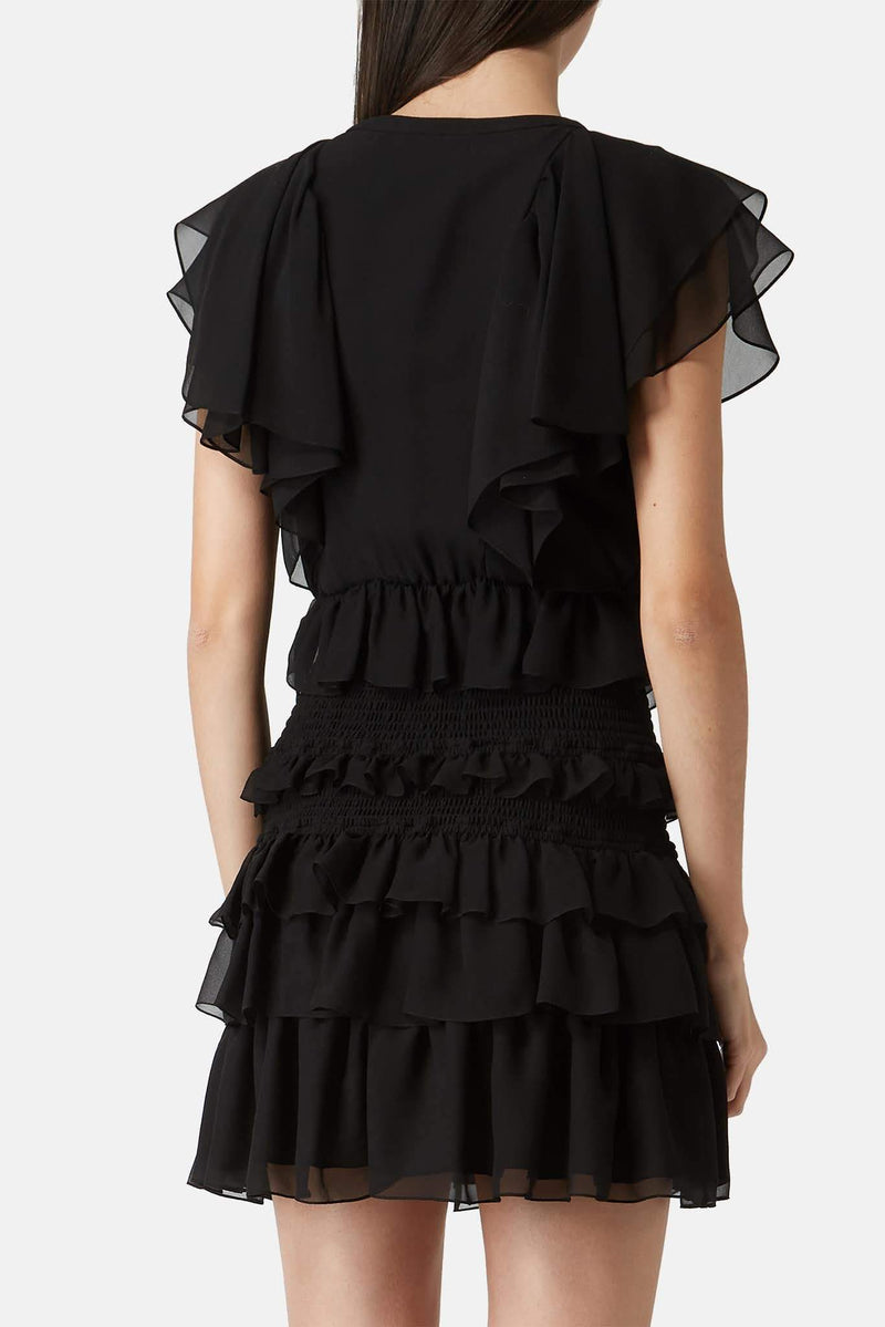 Robe volantée en soie noire Saint Laurent