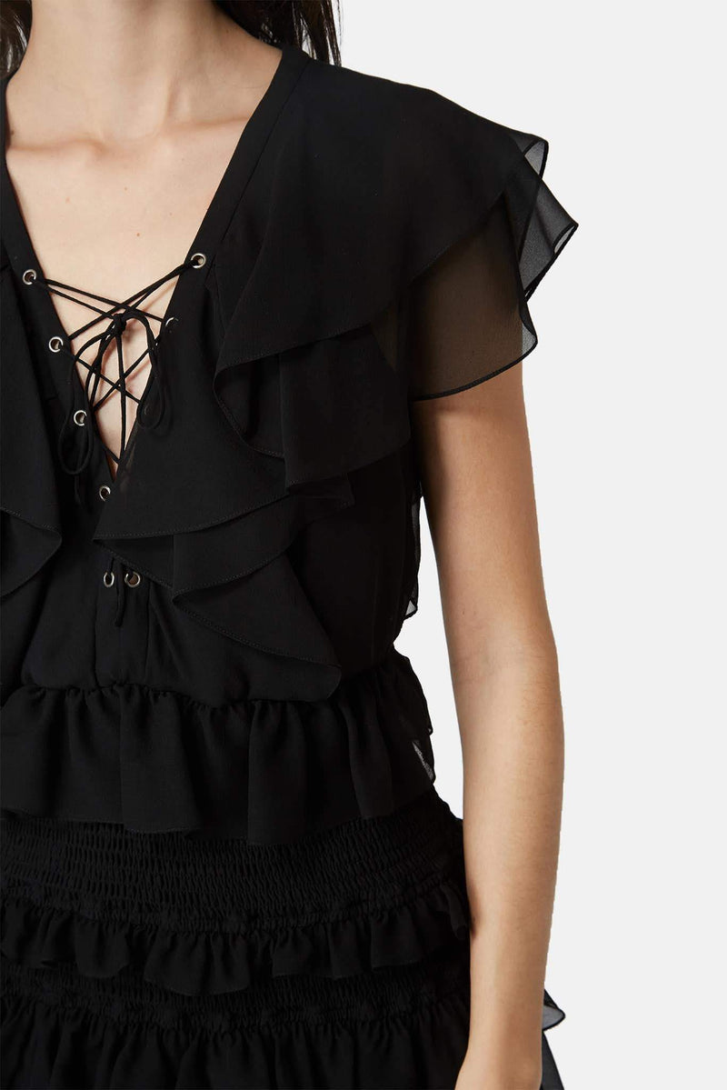 Robe volantée en soie noire Saint Laurent