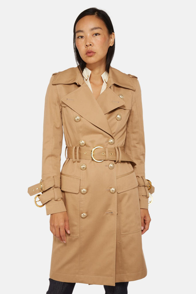 Trench long en coton beige Balmain