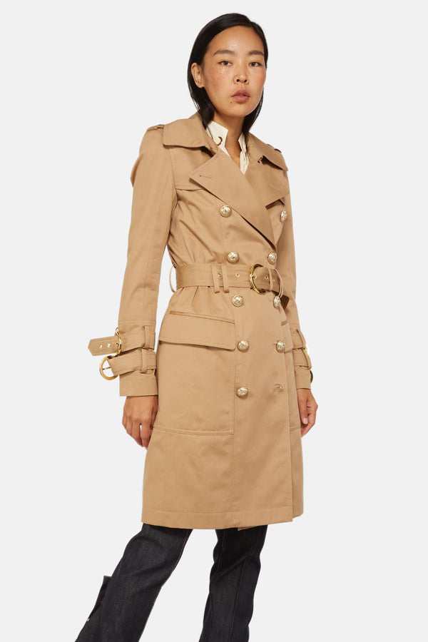 Trench long en coton beige Balmain