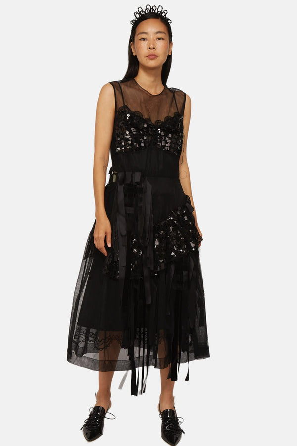 Robe brodée de sequins en tulle noire Simone Rocha