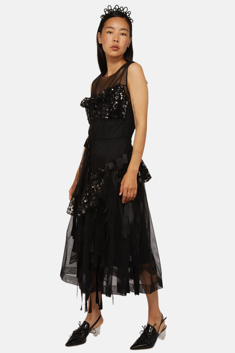 Robe brodée de sequins en tulle noire Simone Rocha