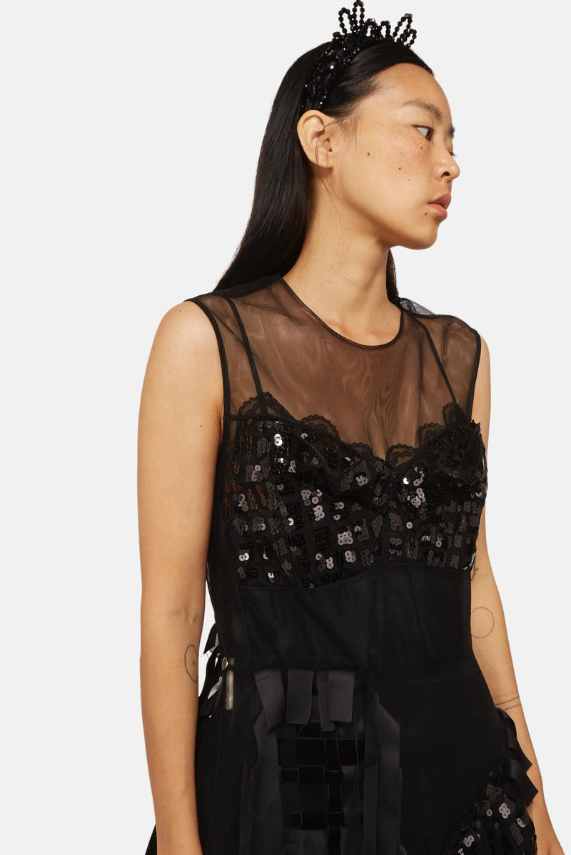 Robe brodée de sequins en tulle noire Simone Rocha