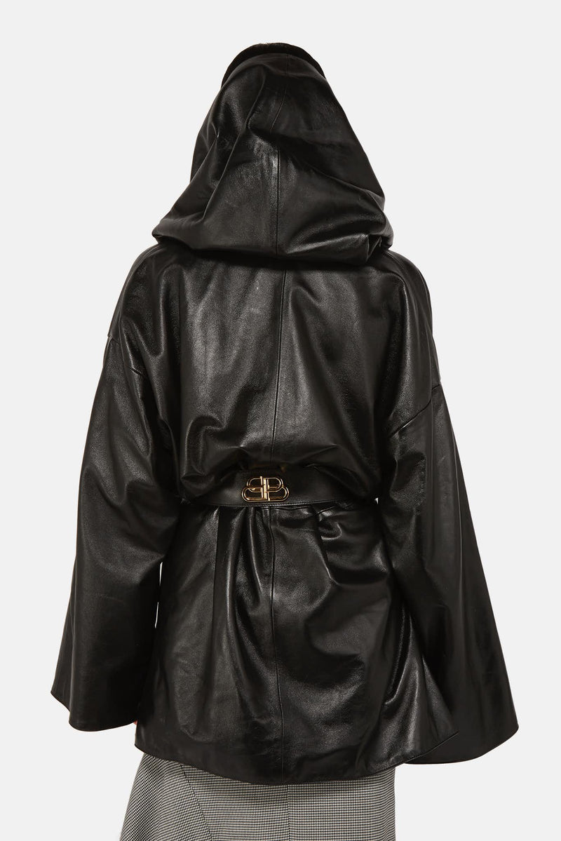 Manteau à capuche en cuir noir Balenciaga