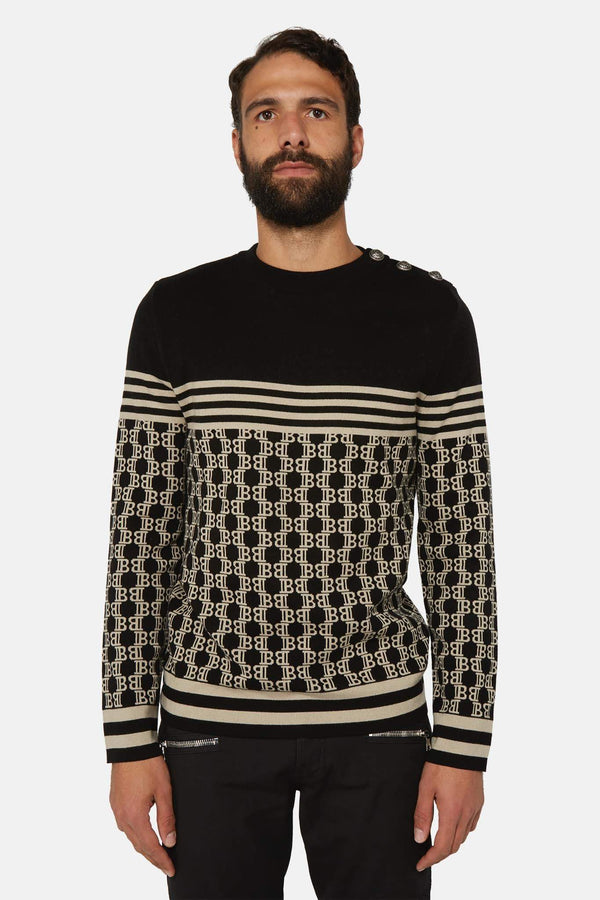 Pull monogrammé en coton noir Balmain