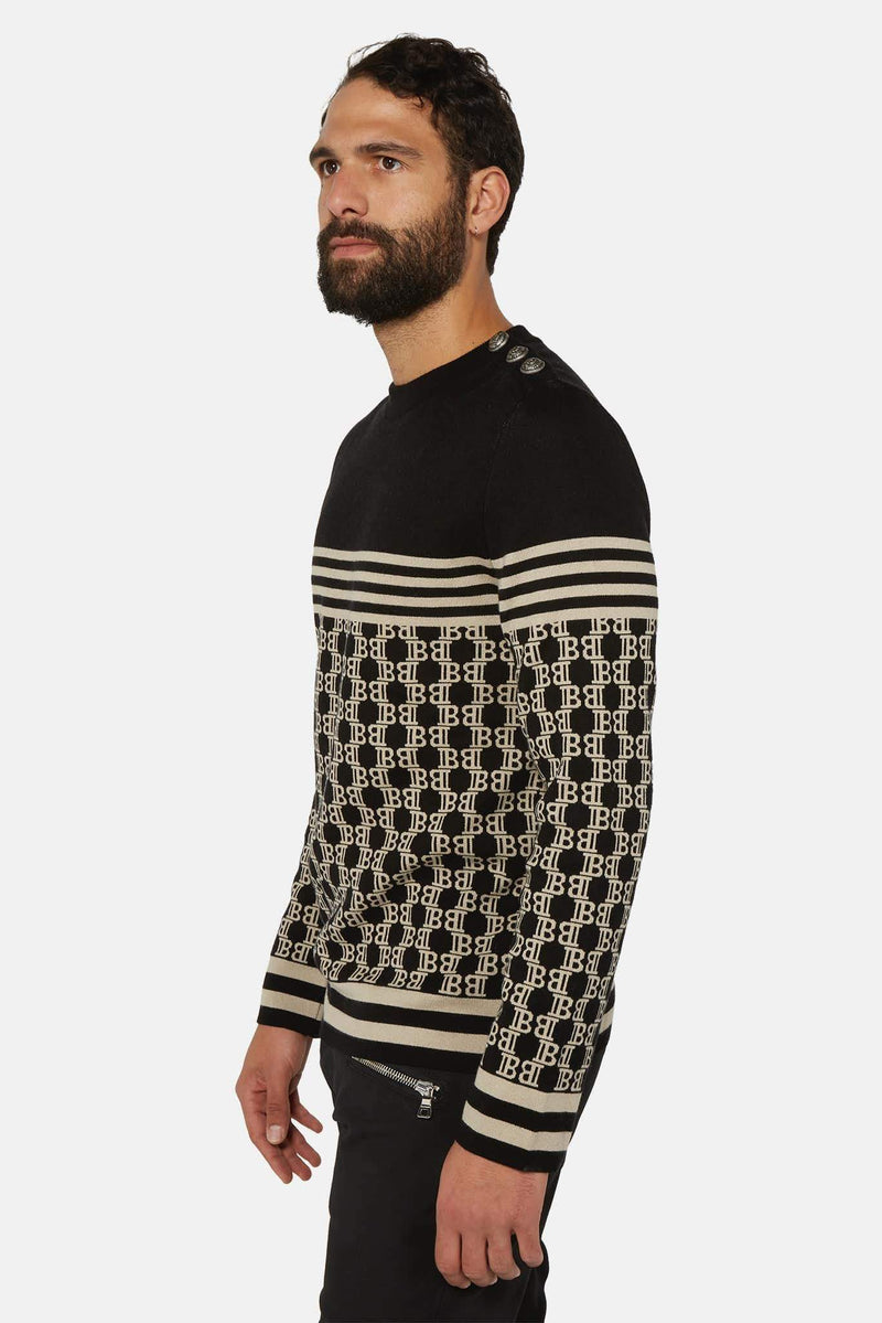 Pull monogrammé en coton noir Balmain