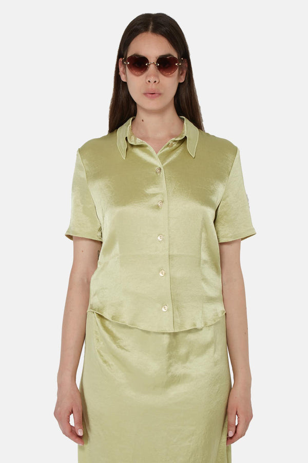 Chemise à manches courtes en satin vert Nanushka