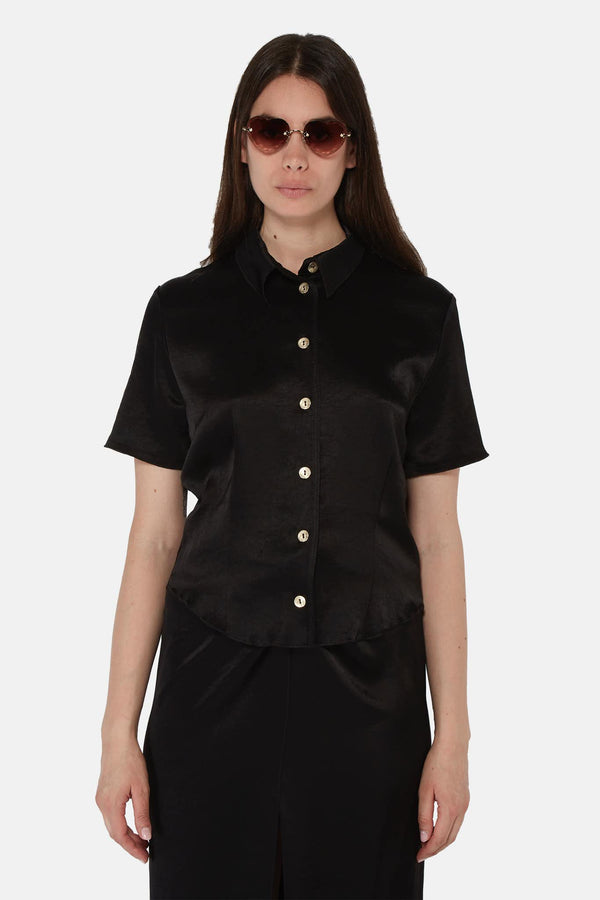 Chemise à manches courtes en satin noire Nanushka