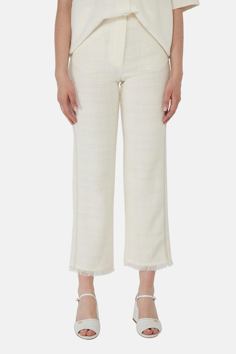 Pantalon texturé en coton et lin blanc cassé Nanushka