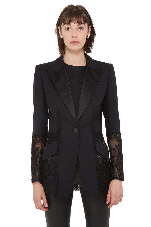 Veste noire en laine et soie avec dentelle Alexander McQueen