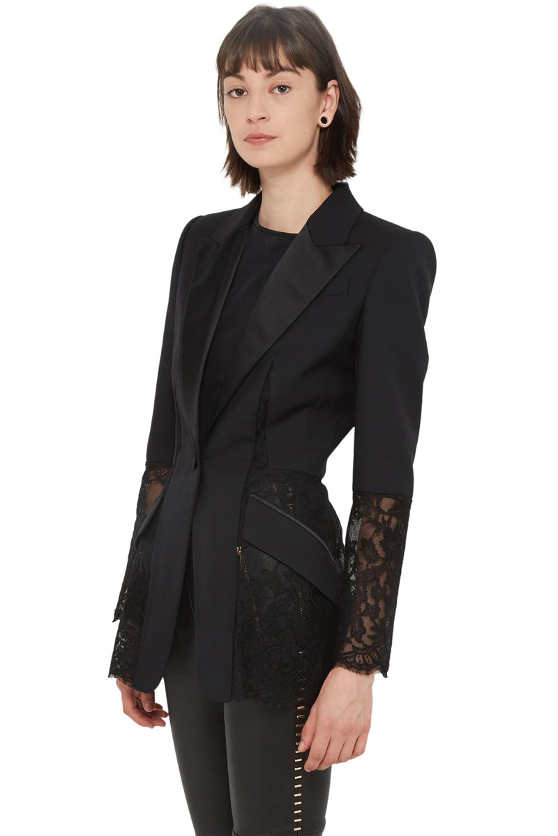 Veste noire en laine et soie avec dentelle Alexander McQueen