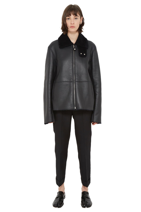 Blouson en cuir d'agneau grainé noir  Jil Sander