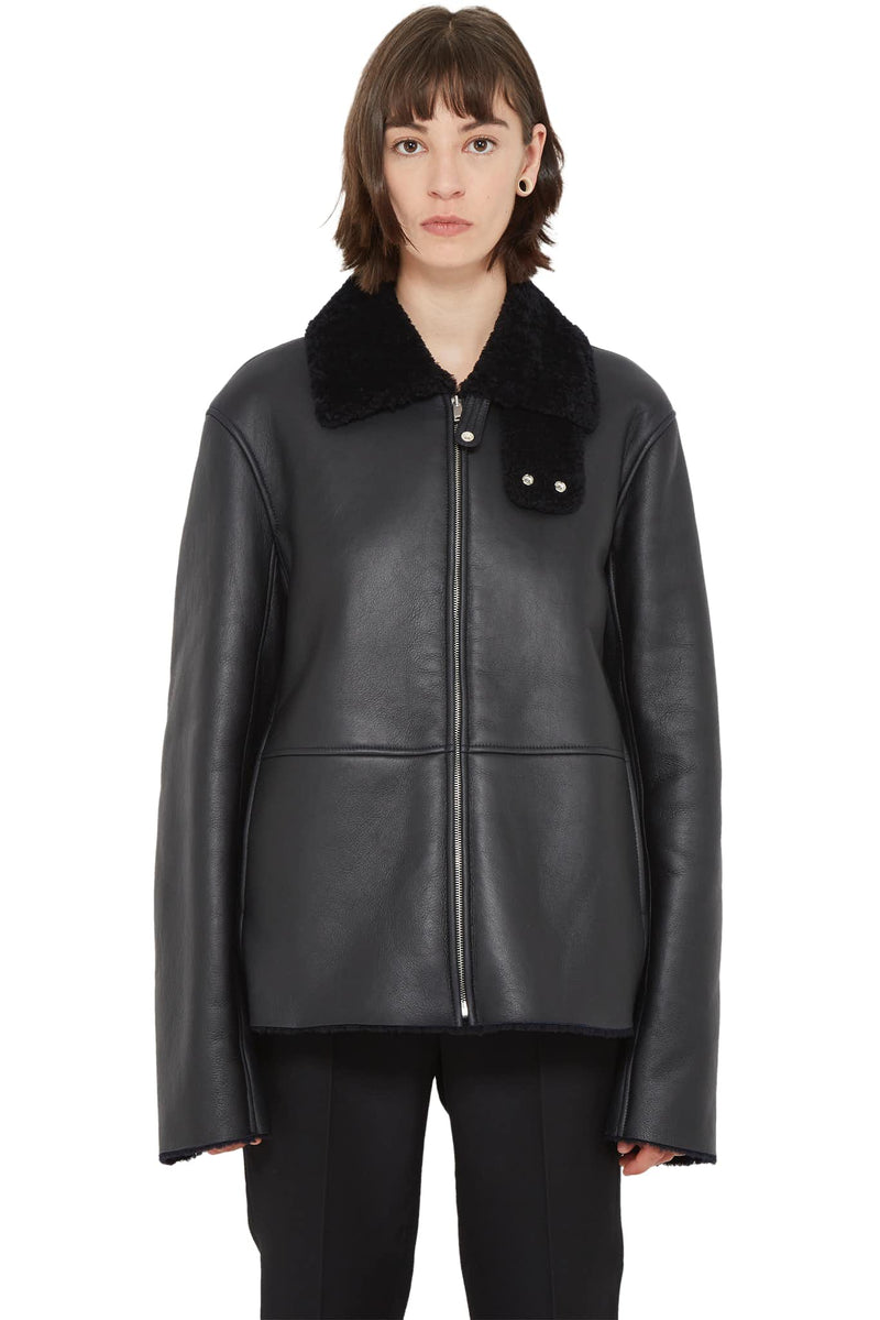 Blouson en cuir d'agneau grainé noir  Jil Sander