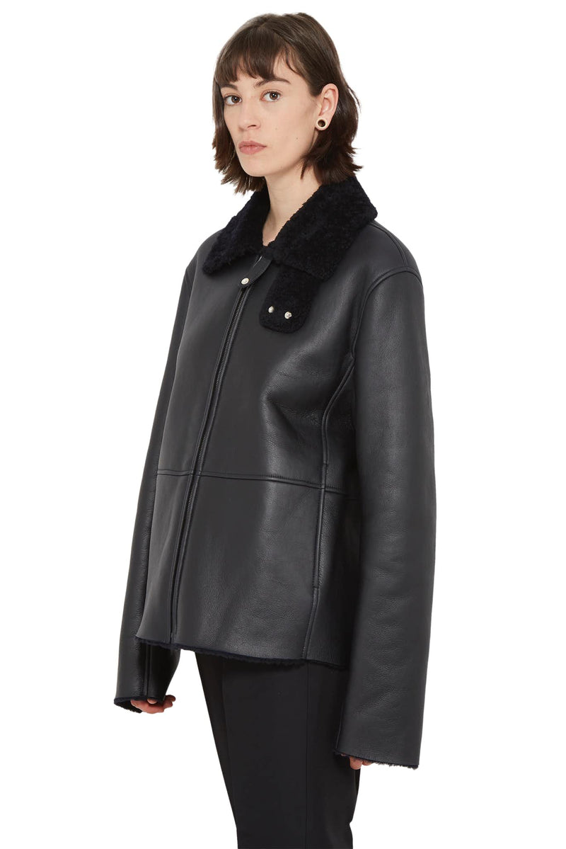 Blouson en cuir d'agneau grainé noir  Jil Sander