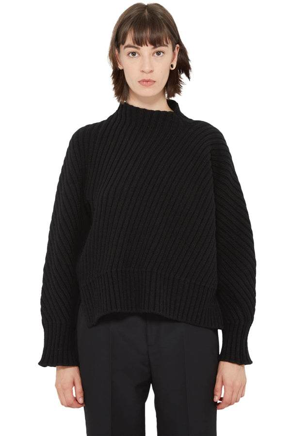 Pull en maille nervurée de laine noire Jil Sander