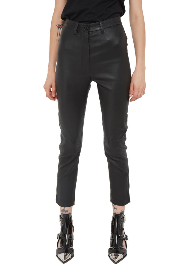 Pantalon crop en cuir d'agneau noir Ann Demeulemeester