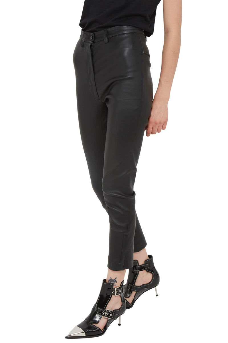 Pantalon crop en cuir d'agneau noir Ann Demeulemeester