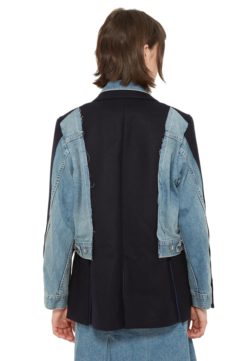 Blazer à design superposé en denim et laine Sacai