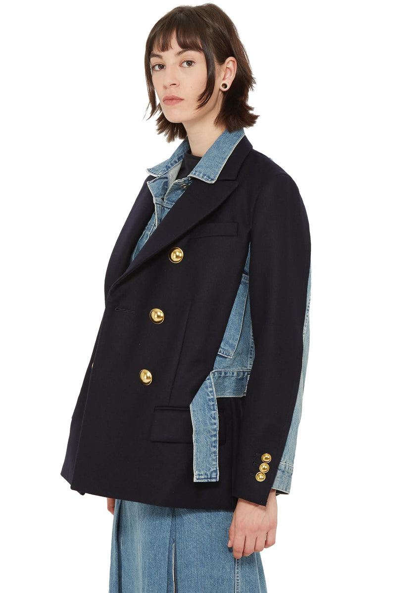 Blazer à design superposé en denim et laine Sacai