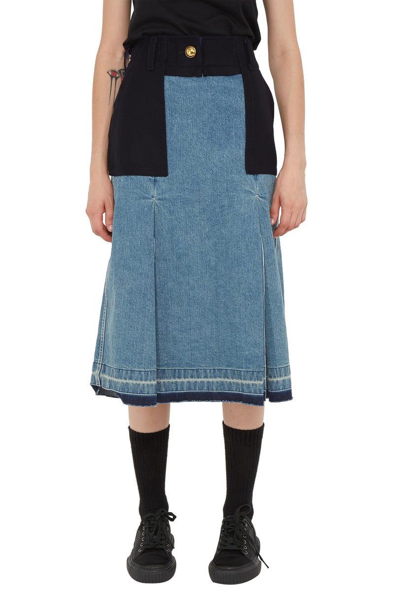 Jupe évasée bleue en denim et laine Sacai